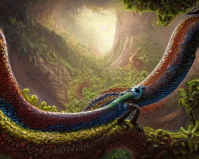 Prompt: digital painting of quetzalcoatl, by filipe pagliuso and justin gerard, jungle, fantasy, highly detailed, ominous, intricate, snake