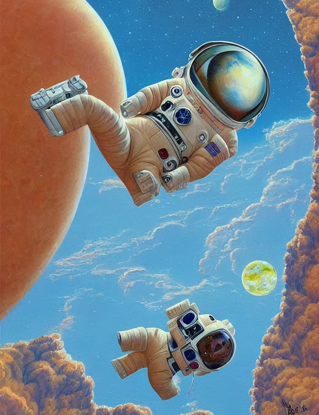 Image similar to beautiful detailed and adorable painting of a capybara astronaut in a spacesuit floating above earth by casey weldon by mark ryden by thomas blackshear, super cute, new contemporary, pop surrealism, oil painting