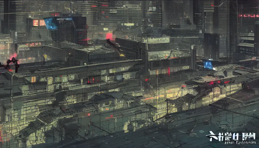 Prompt: Concept Art Illustration of neo-Tokyo Bank Headquarters Map, in the Style of Akira, Syndicate Corporation, Anime, Dystopian, Highly Detailed, Special Forces Security, Searchlights, Boat Dock, For multiplayer Stealth fps bank robbery simulator, Unreal engine 5, Akira Color Palette, Inspired by MGS2 + SAC2 + FLCL, 8k :4 by Arc System works + Katsuhiro Otomo : 8