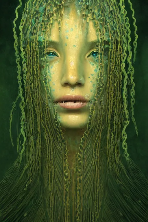 Prompt: dark underwater portrait of a Mayan woman, with (reaction diffusion) scaled fish skin. face closeup. long intricate dark hair, with Bioluminescent jellyfish. very high detail, illustration, by ruan jia