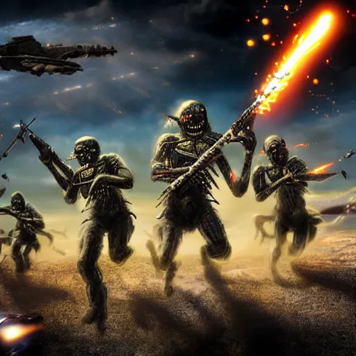 Prompt: science - fiction futuristic apocalyptic war scene with explosions, soldiers firing, iron maiden style