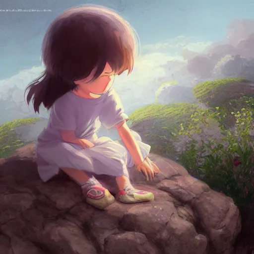 Image similar to a painting of a little girl sitting on a rock, a digital painting by hayao miyazaki, cgsociety, metaphysical painting, 2 d game art, storybook illustration, detailed painting