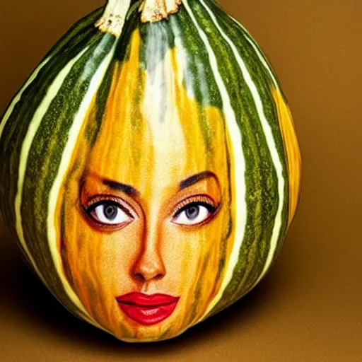 Image similar to gourd shaped like the face of amber heard hybrid intercross mix as a gourd