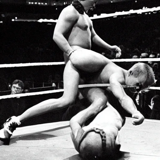 Image similar to maniac marvin mcglory wrestling a bear. madison square garden, 1 9 6 8.