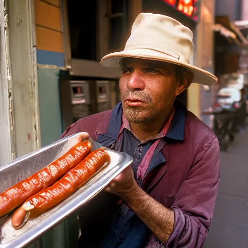 Prompt: closeup portrait of a man selling hotdogs in a smoky new york back street , by Annie Leibovitz and Steve McCurry, natural light, detailed face, CANON Eos C300, ƒ1.8, 35mm, 8K, medium-format print