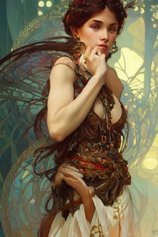 Prompt: beautiful natural renaissance gypsy, intricate, elegant, highly detailed, digital painting, artstation, concept art, smooth, sharp focus, illustration, art by artgerm and greg rutkowski and alphonse mucha