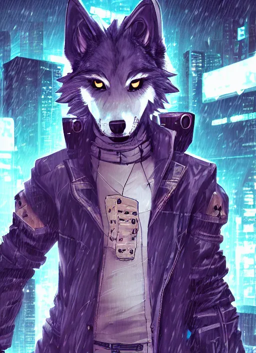 Image similar to character portrait of a male anthro wolf fursona with a tail and a cute beautiful attractive detailed furry face wearing stylish cyberpunk clothes in a cyberpunk city at night while it rains. hidari, color page, tankoban, 4K, tone mapping, Akihiko Yoshida.