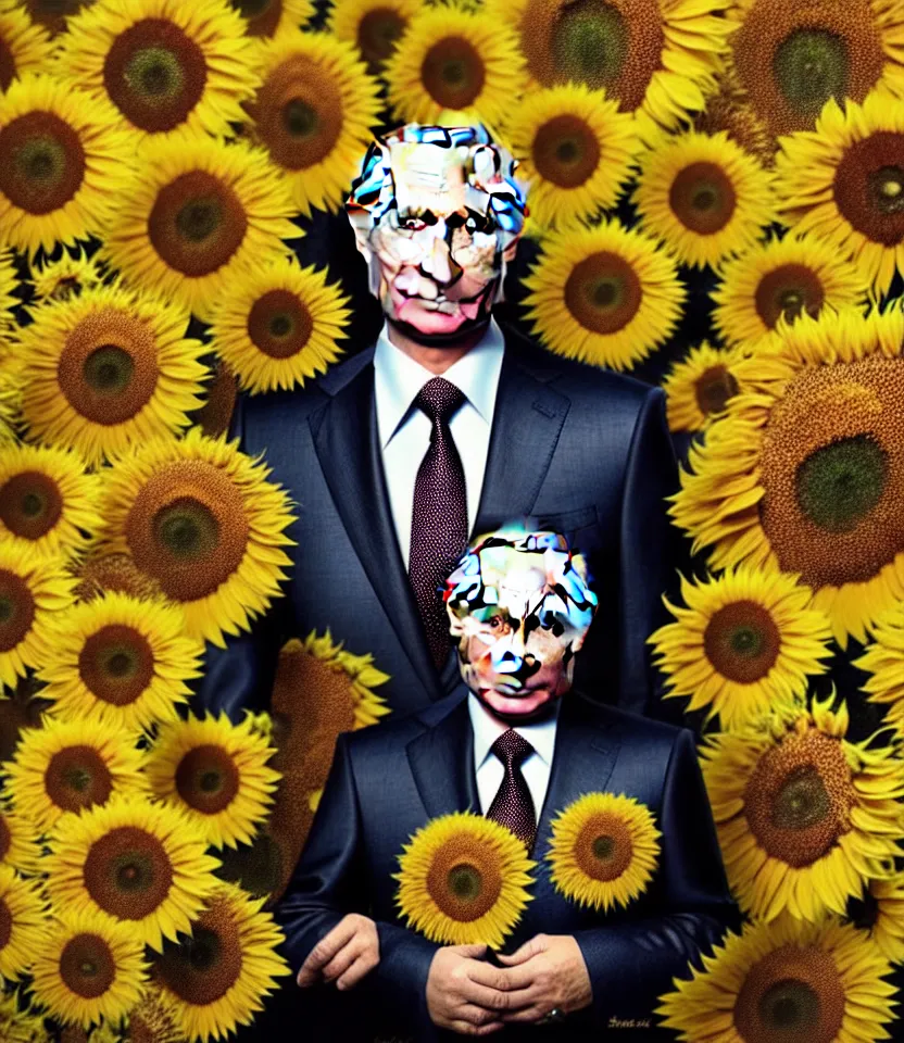 Prompt: photo portrait of Vladimir Putin - sunflowers - dressed in leisure suit with sunflower pattern and tombstone for a tie, natural skin tone, highly detailed realistic flowers ornament on suit, facial wrinkles and brows are intricate with highly detailed realistic flowers, elegant, Realistic, Refined, Highly Detailed, natural soft pastel lighting colors scheme, fine art photography by Cecil Beaton, volumetric lighting, hyper realistic photography