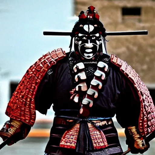 Image similar to big buff strong very buff samurai wearing an oni mask, movie still