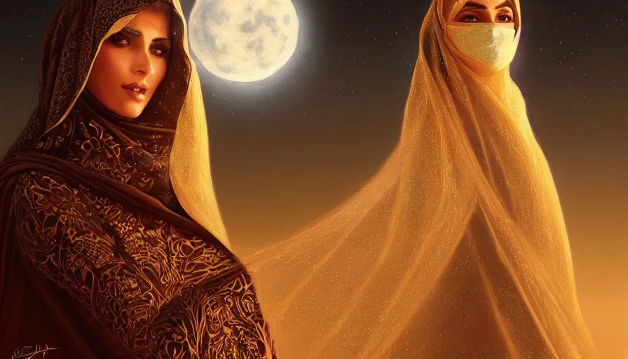 Image similar to Portrait of very very very very very very beautiful Arab woman wearing a Niqab, glowing magical eyes, energy trails, under giant full moon in the desert, intricate, elegant, highly detailed, digital painting, artstation, concept art, smooth, sharp focus, illustration, art by artgerm and greg rutkowski and alphonse mucha