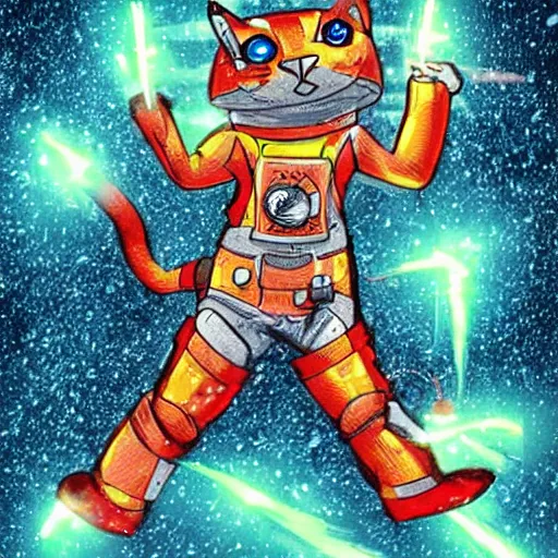 Prompt: cyborg cat with laser guns drawn in the blizzard style artists