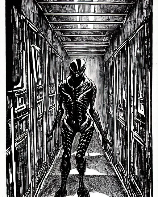 Prompt: an illustration of a xenomorph, full body, prowling in a dungeon corridor, pen-and-ink illustration, etching, by Russ Nicholson, DAvid A Trampier, larry elmore, 1981, HQ scan, intricate details