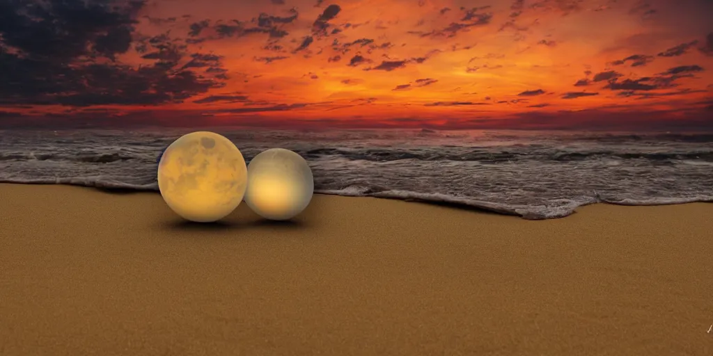 Image similar to a high detail photograph of a sunset at a beach in a cyberpunk world with two moons, realism, 8 k, award winning photograph