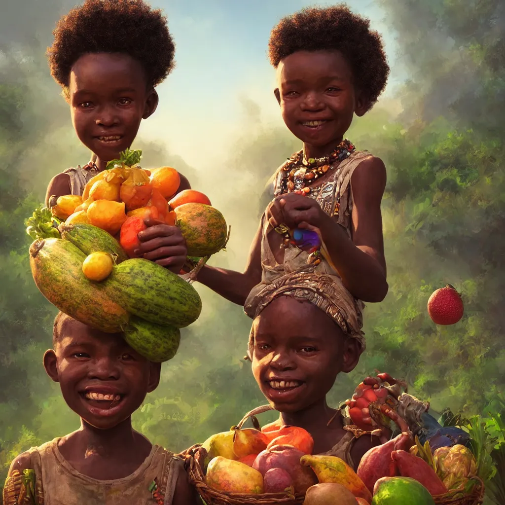 Image similar to Portrait, Happy African child carrying fruit and veg, divine details intricate African jewelry, fairycore, rainbow warrior, semi realistic comic Dr Zeus, octane render, A harmonious integration happy concept art Akitipe studios, volumetric lighting cinematic +8k, ethereal fantasy by greg rutkowski, Trending on artstation