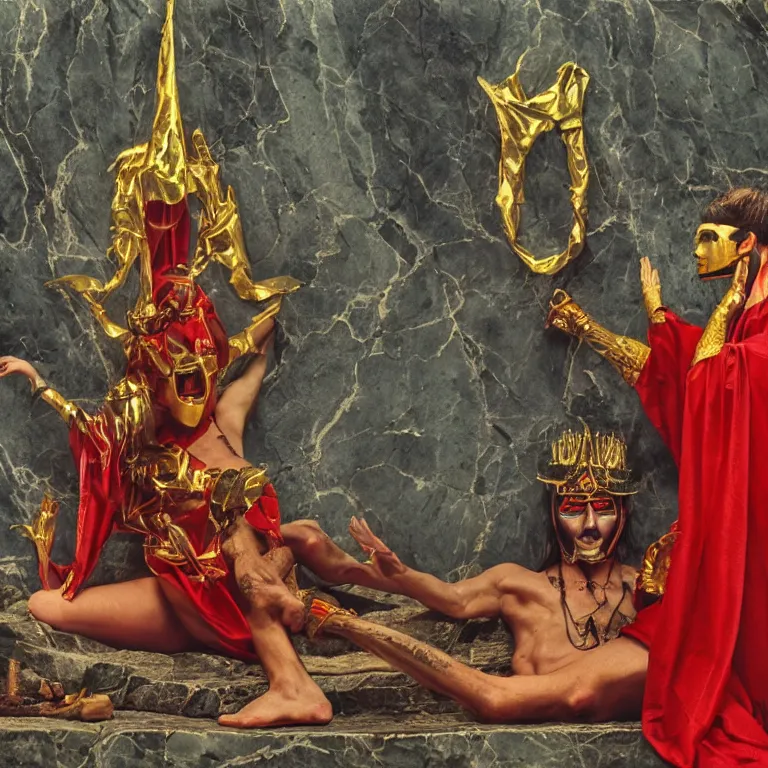 Prompt: pov of a member of an esoteric cult sacrificing a male body on a stone altar, ektachrome hyper realistic and detailed, wear heavy red ornemental costumes and elongate gold masks and jewels