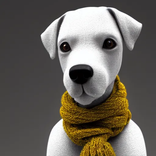 Image similar to robotic dog wearing a large scarf around its neck. 3 d render, oktane, post - processing, 8 k, cinematic lighting