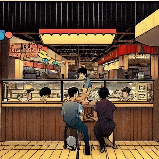 Image similar to a singaporean coffeeshop, by satoshi kon