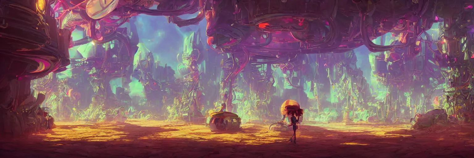 Prompt: beautiful low angle painting of an alien world with sleek architecture, steampunk, ground made of multicolour flowers, neon lights, a tiny girl watching on, in the style of don bluth, elegant, highly detailed, digital painting, artstation, cinematic lighting, glowing light and shadows, trending on artstation, octane render