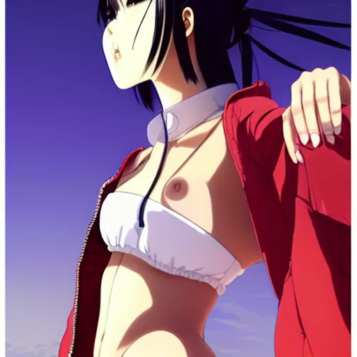 Prompt: a beautiful young japanese lalisa alluring gravure model, wearing oversized designer bomber jacket and one piece bikini, bulky poofy bomber jacket with mesoamerican patterns, mesoamerican native street fashion, gapmoe yandere grimdark, trending on pixiv fanbox, painted by greg rutkowski makoto shinkai takashi takeuchi studio ghibli, akihiko yoshida