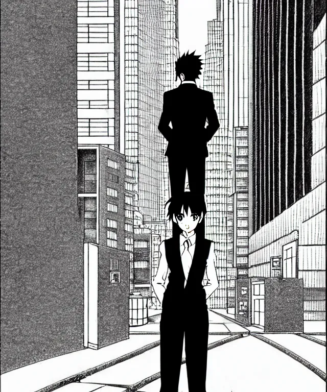 Image similar to A anime about a short-haired office solo worker standing on the sidewalk. Sharp high quality anime cover, fine details, straight lines, perfect faces, architecture in the background, masterpiece, shadows, art, highly detailed drawing by Hirohiko Araki, Akatsuki Akira, Kentaro Miura