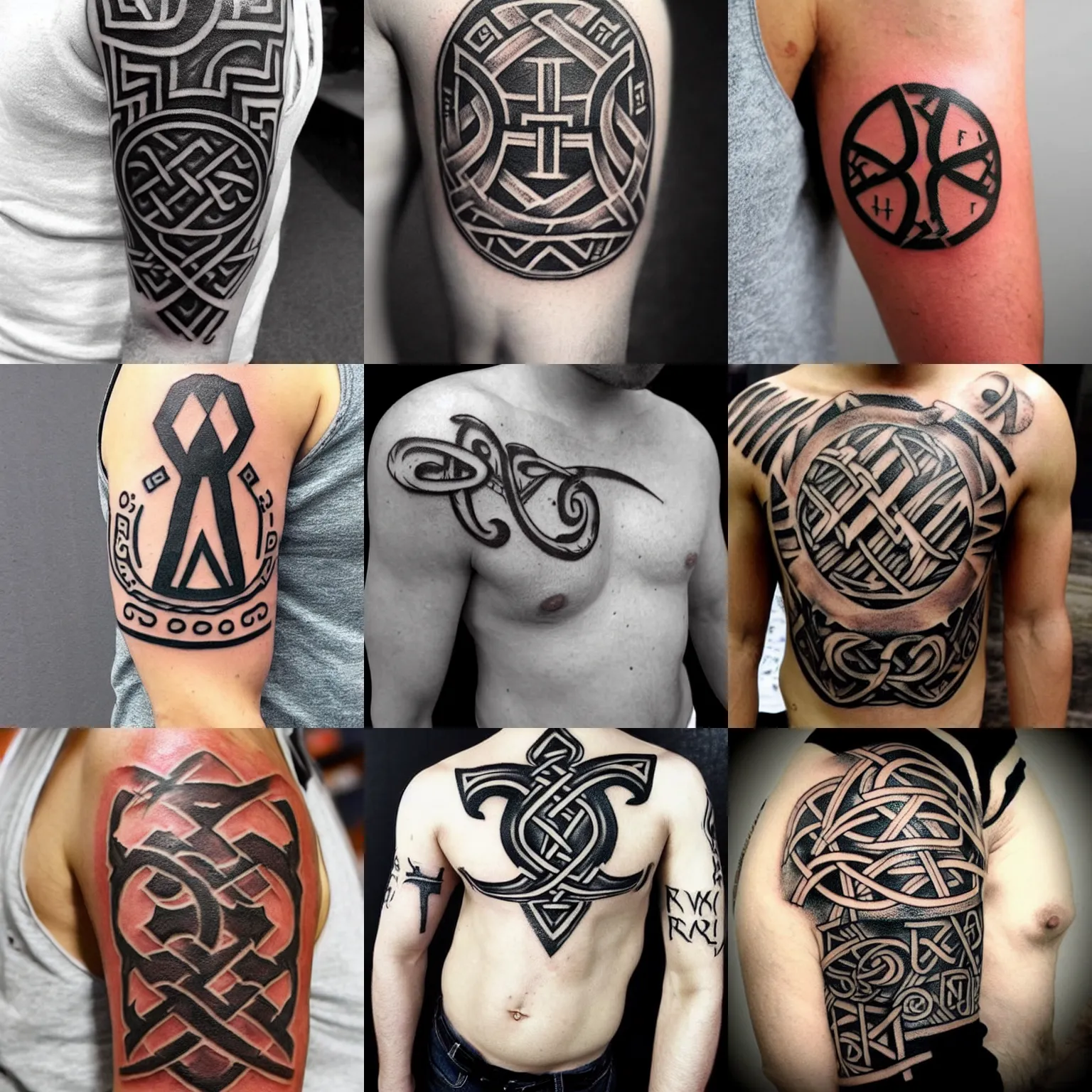 Prompt: norse viking runes tattoo on fair smooth skin arm and shoulder photography