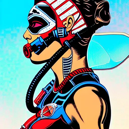 Prompt: a profile photo of a egyptian woman with a diving oxygen mask with side profile blood in ocean intricate details by MARVEL comics and Sandra Chevrier-C