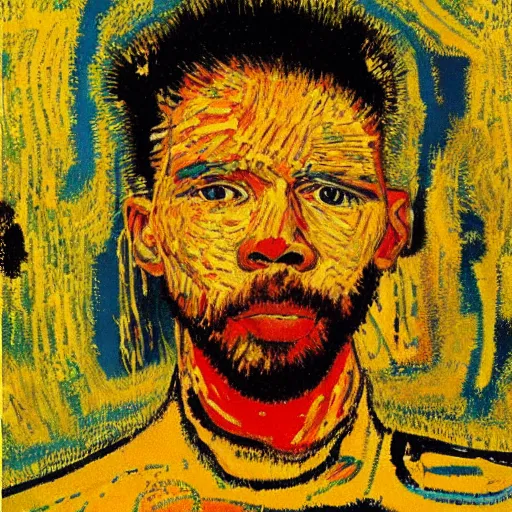 Image similar to portrait of an artificial intelligence painting by van Gogh klimt Jean-Michel Basquiat