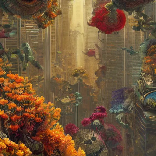 Image similar to 3 d, hyperrealism art glamorous sci - fi poster, a panoramic view of shanghai with a lot of flowers, beautiful whimsical botanical illustration, by android jones and greg rutkowski, digital matte painting, papercut art style, golden ratio