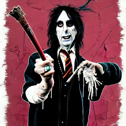 Image similar to graphic illustration, creative design, alice cooper as harry potter, biopunk, francis bacon, highly detailed, hunter s thompson, mixed media