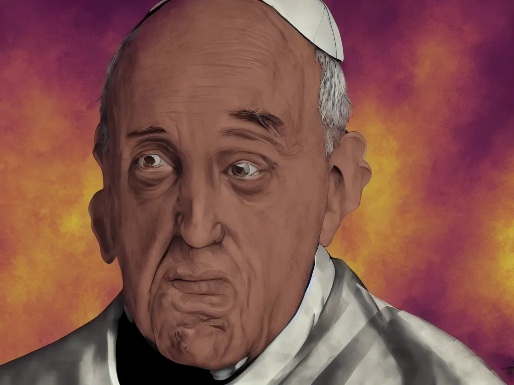 Prompt: pope francis digital art as the loading screen of GTA V, grand theft auto, golden hour lighting, graphic art,