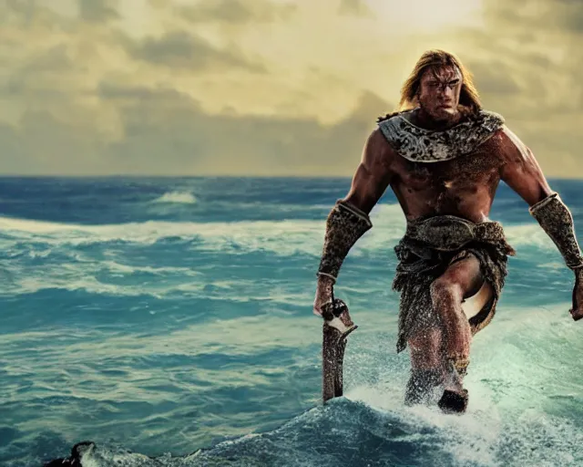 Prompt: single spartan with surfing on australian beach, epic award winning action cinematic still from the movie 3 0 0, 8 k, global illumination, detailed face, muscles, rim highlights, hyper realistic, stunning waves, happy vibes