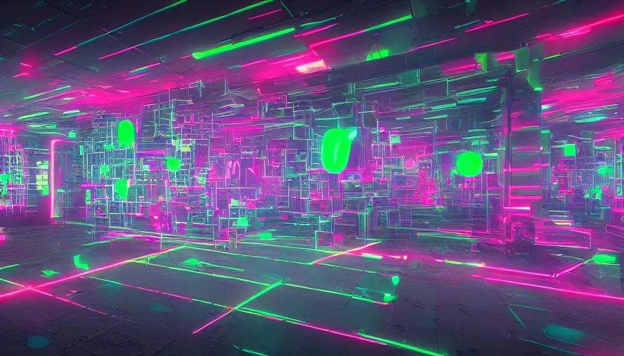 Image similar to computer circuits, android, wall of graffiti intricate volumetric octane render 3 d street art depicting dark monochrome neon fluorescent color abstract geometry in the style of wlop, mirrors edge, odeith