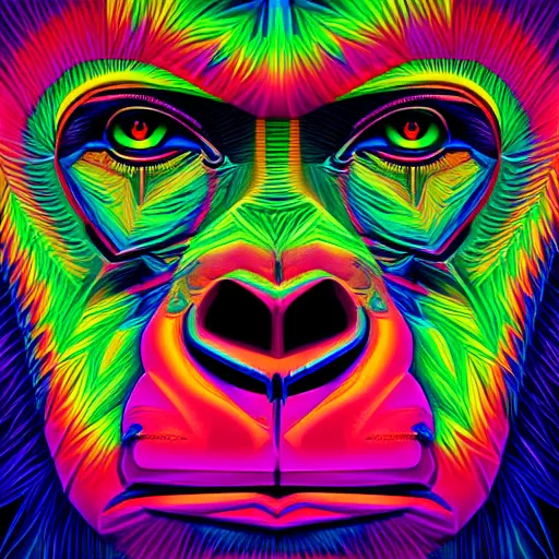 Image similar to a psychedelic neon technicolor portrait illustration of a gorilla in geometric kaleidoscopic colors trending on artstation 4 k intricate extremely detailed digital art