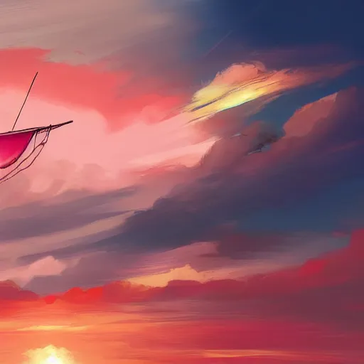 Image similar to a small sailboat flying through the sky, fluffy clouds, red-pink sunset, floating, fantasy, concept art, illustration, artstation award, bright