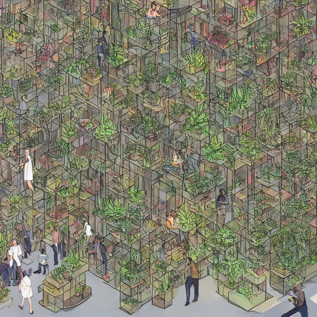 Prompt: detailed illustration of a couple observing a series of stacked cells filled with plants, books, sculptures, video monitors and grow lights inside the national gallery of canada