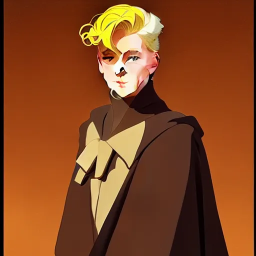 Prompt: blonde boy with yellow eyes wearing a brown cape, in the style of studio ghibli, j. c. leyendecker, greg rutkowski, artgerm