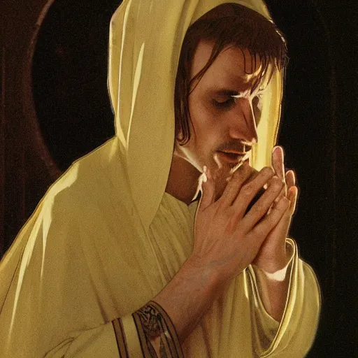 Image similar to Close up of a young, thin and stern catholic priest in his thirties fervently praying as he is about to die from the ominous terrifying Lovecraftian yellow shadow descending upon him from the night sky. he is at the top of a medieval tower. Low angle, dramatic lighting. Art by Greg Rutkowski and Alphonse Mucha