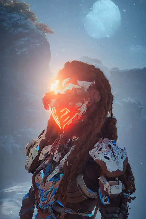 Image similar to combination suit armor aloy horizon forbidden west horizon zero dawn robot ninja mask helmet backpack tribal, aesthetic octane render, 8 k hd resolution, by ilya kuvshinov and cushart krentz and gilleard james radiating a glowing aura cgi rtx 2 0 2 2