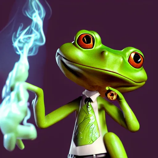 Image similar to a high quality photo of an antropomorphic frog wearing a suit smoking a cigar, 3d scene, render, ultra realistic, artstation, cgsociety