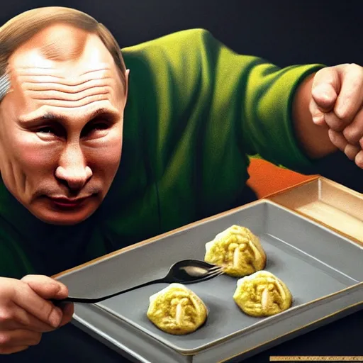 Image similar to happy putin eats dumplings, concept art, trending on artstation, highly detailed, intricate, sharp focus, digital art, 8 k