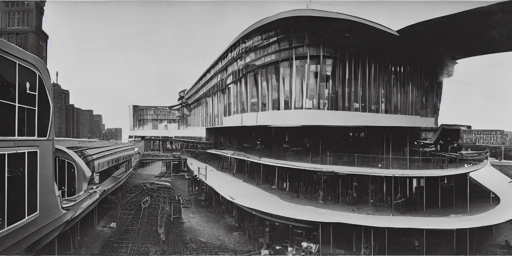 Prompt: wide angle photo of futurist building in the style of a new york central hudson locomotive. i. m. pei and corbusier.