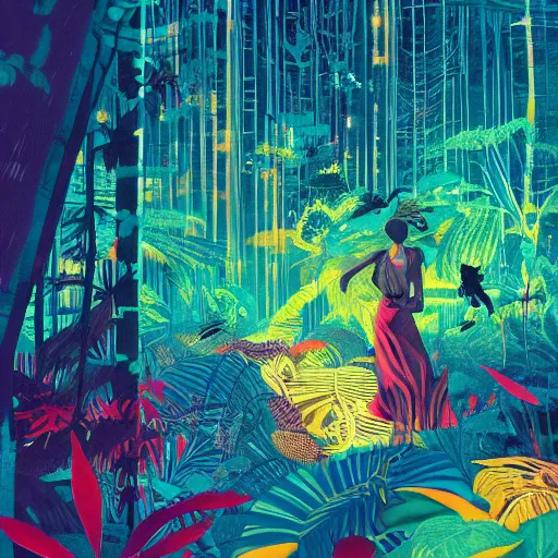 Image similar to disco diffusion painting of the jungle by victo ngai and malika favre, makoto shinkai, masterpiece, contest award winner