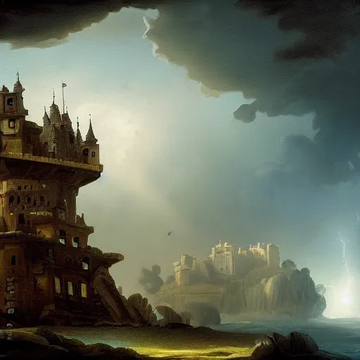 Image similar to castle in the sky in an energy storm in the style of hubert robert