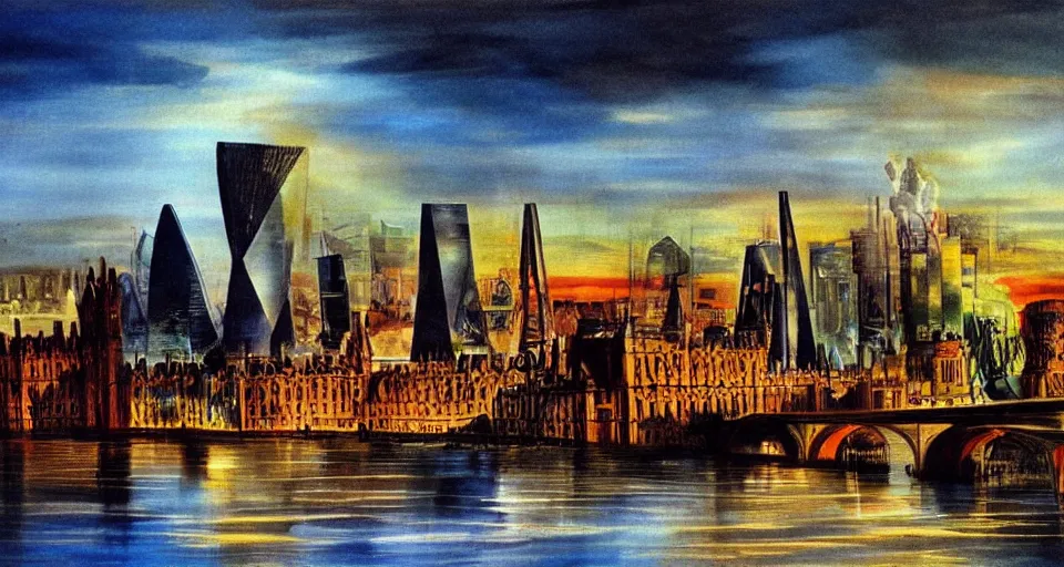 Prompt: color sketch of the london skyline, highly detailed, dramatic lighting, intense shadows, rich deep colours, by salvador dali