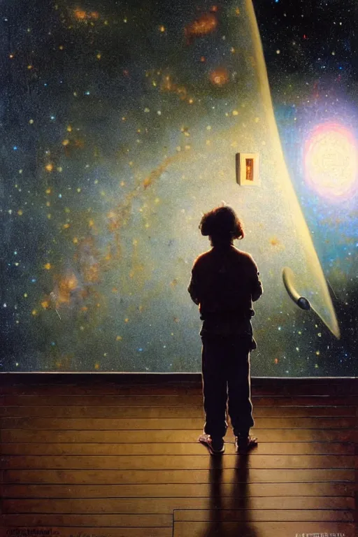 Image similar to a 1 2 year old boy and 1 0 year old girl looking at a wall and viewing the universe full of galaxies, part by norman rockwell, part by greg rutkowski, part by mattias adolfsson, high angle, ( ( ( ( volumetric lighting ) ) ) ), oil on canvas