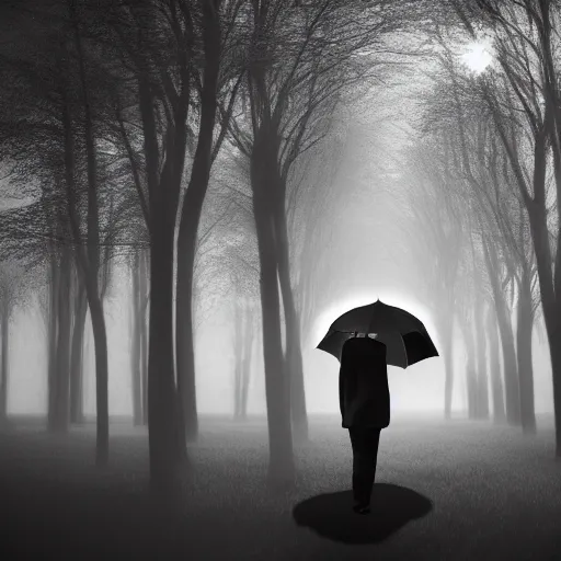Prompt: black and white double exposure picture of a man holding an umbrella close to a tree, fog, everything completly out of focus, backlight, realistic abstract picture, mist, mysterious