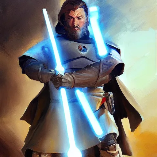 Prompt: greg manchess portrait painting of armored obi wan kenobi as overwatch character, medium shot, asymmetrical, profile picture, organic painting, sunny day, matte painting, bold shapes, hard edges, street art, trending on artstation, by huang guangjian and gil elvgren and sachin teng
