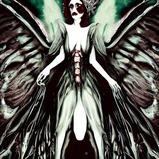 Image similar to pale decaying queen, crown of evil, devil bat wings, cinematic horror movie, dark liminal hell, emerald flames, lies in beauty evil