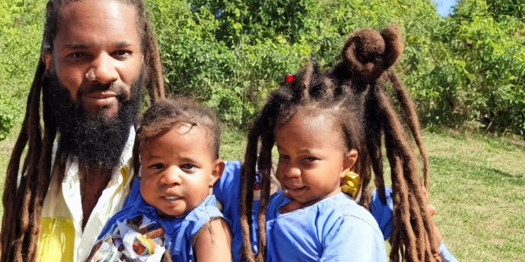 Image similar to a baby with dreadlocks, carried by his dad