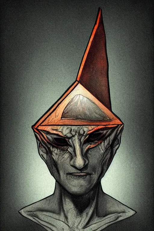 Image similar to portrait of triangle shaped goblin head with single centered giant bloodshot eye, in the style of Greg Broadmore and Arthur Rackham,trending on artstation, light lighting side view,digital art,surrealism ,macro,blueprint ,vaporwave ,